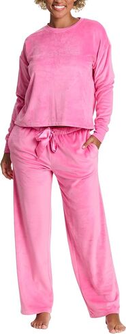 bebe Women's Velour Rhinestone Crewneck Pajama Set – Long Sleeve Cozy Lounge Set with Elastic Waist Pants in Saudi Arabia
