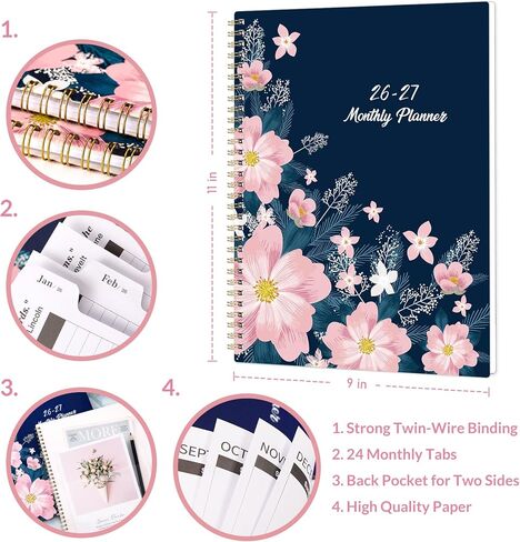 مخطط/تقويم شهري 2024-2025 - مخطط شهري 2024-2025، يناير 2024 - ديسمبر 2025، 9 × 11 بوصة، مخطط شهري لمدة عامين مع علامات تبويب شهرية، ورق سميك، جيب مزدوج الحجم، منظم رائع in Kuwait