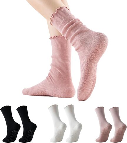 GLENMEARL Pilates Socks with Grips for Women, 3 Pairs Yoga Non Slip Long Socks, Grip Sock for Pilates, Ballet, Dance Workout in Kuwait