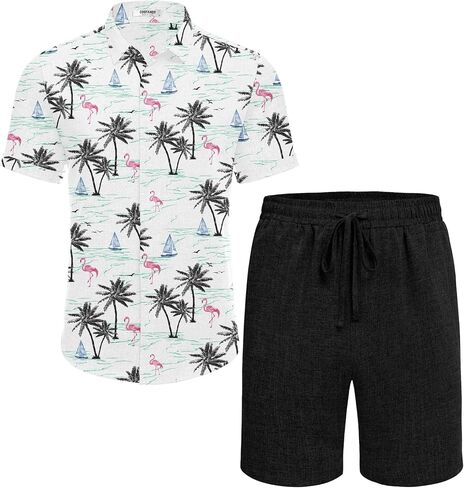 COOFANDY Men's Summer Beach Outfits 2 Piece Short Sleeve Shirts and Shorts Vacation Texture Linen Sets for Men in Saudi Arabia