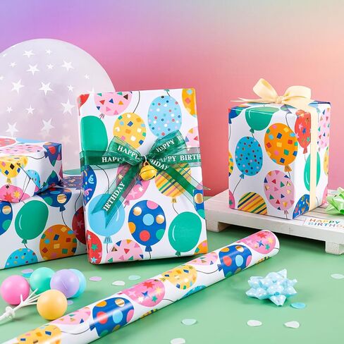 WRAPAHOLIC Birthday Wrapping Paper - Mini Roll - 17 Inch x 16.5 Feet - Blue Gold Foil Happy Birthday Wrapping Paper for Kids, Boys, Men, Baby Shower in Saudi Arabia