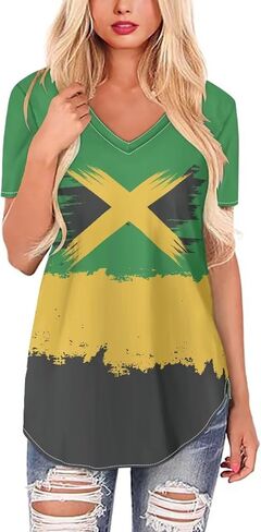 2025 Flag Print Summer V-neck قمصان نسائية قصيرة الأكمام بالإضافة إلى حجم العطلات غير الرسمية XS-4XL in Kuwait
