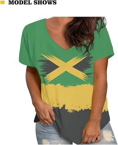 2025 Flag Print Summer V-neck قمصان نسائية قصيرة الأكمام بالإضافة إلى حجم العطلات غير الرسمية XS-4XL in Kuwait