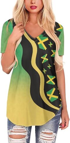 2025 Flag Print Summer V-neck قمصان نسائية قصيرة الأكمام بالإضافة إلى حجم العطلات غير الرسمية XS-4XL in Kuwait