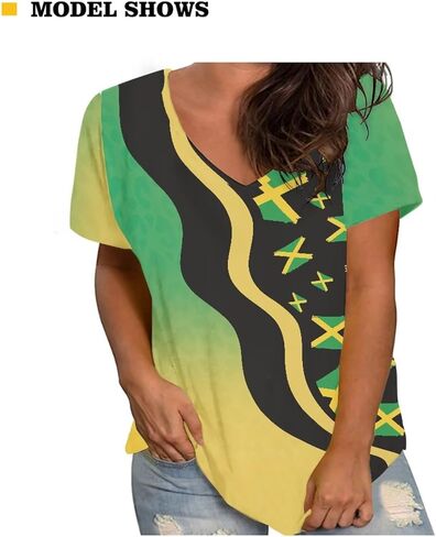 2025 Flag Print Summer V-neck قمصان نسائية قصيرة الأكمام بالإضافة إلى حجم العطلات غير الرسمية XS-4XL in Kuwait