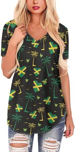 2025 Flag Print Summer V-neck قمصان نسائية قصيرة الأكمام بالإضافة إلى حجم العطلات غير الرسمية XS-4XL in Kuwait