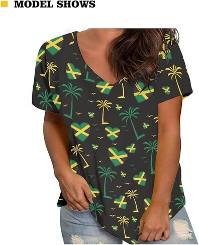 2025 Flag Print Summer V-neck قمصان نسائية قصيرة الأكمام بالإضافة إلى حجم العطلات غير الرسمية XS-4XL in Kuwait