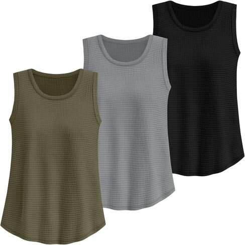 Riyiper 3 Pack Women's Waffle Knit Tank Tops Sleeveless Casual Summer Loose Fit Top Round Neck Curved Hem Trendy Camis in Saudi Arabia