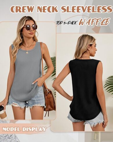 Riyiper 3 Pack Women's Waffle Knit Tank Tops Sleeveless Casual Summer Loose Fit Top Round Neck Curved Hem Trendy Camis in Saudi Arabia