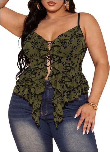 Shenhe Women's Plus Size Sexy Open Front Lace Up Shute Mesh Shulk Trim Y2K Top Top Camisole Tank in Saudi Arabia