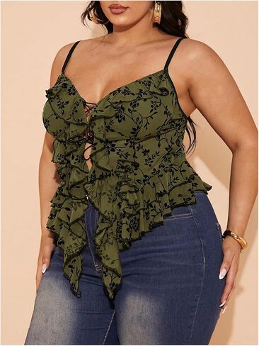 Shenhe Women's Plus Size Sexy Open Front Lace Up Shute Mesh Shulk Trim Y2K Top Top Camisole Tank in Saudi Arabia