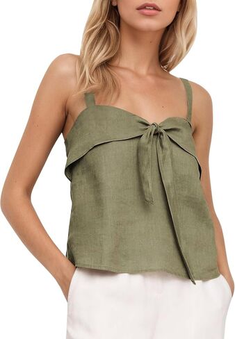 Women Summer Linen Tie Front Tank Top Sweetheart Neckline Sleeveless Backless Cute Cami Going Out Tops in Kuwait