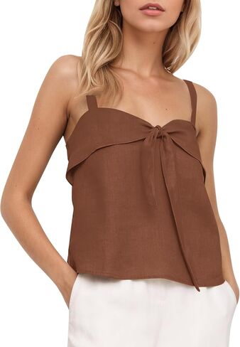 Women Summer Linen Tie Front Tank Top Sweetheart Neckline Sleeveless Backless Cute Cami Going Out Tops in Kuwait