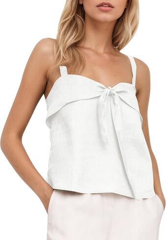 Women Summer Linen Tie Front Tank Top Sweetheart Neckline Sleeveless Backless Cute Cami Going Out Tops in Kuwait