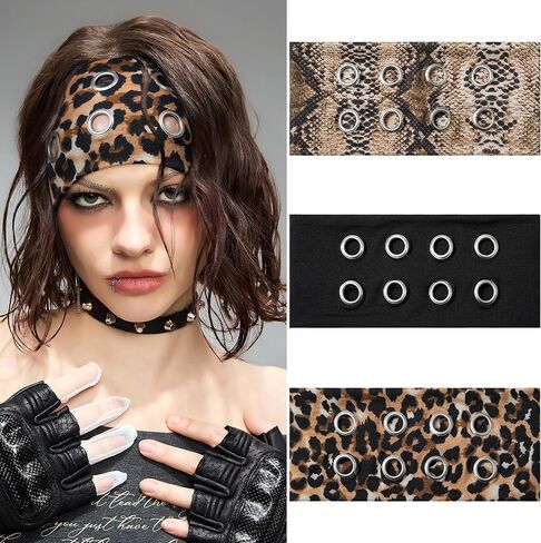 Mesovor 3 Pack Fashion Grommet Wide Headbands for Women, Hollow Out Eyelets Elastic Head Bands | Y2k Girls Punk Grunge Stretchy Hair Accessory (Black, Snakeskin, Leopard, 3.9" wide) in Kuwait