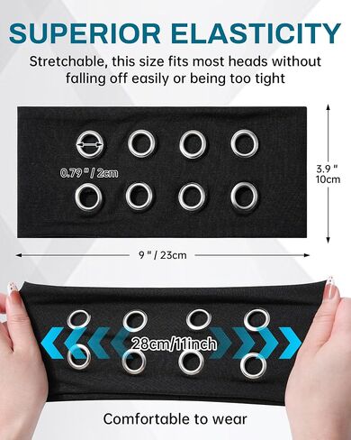 Mesovor 3 Pack Fashion Grommet Wide Headbands for Women, Hollow Out Eyelets Elastic Head Bands | Y2k Girls Punk Grunge Stretchy Hair Accessory (Black, Snakeskin, Leopard, 3.9" wide) in Kuwait
