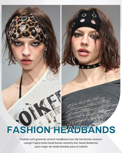 Mesovor 3 Pack Fashion Grommet Wide Headbands for Women, Hollow Out Eyelets Elastic Head Bands | Y2k Girls Punk Grunge Stretchy Hair Accessory (Black, Snakeskin, Leopard, 3.9" wide) in Kuwait