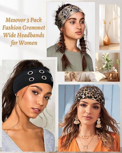 Mesovor 3 Pack Fashion Grommet Wide Headbands for Women, Hollow Out Eyelets Elastic Head Bands | Y2k Girls Punk Grunge Stretchy Hair Accessory (Black, Snakeskin, Leopard, 3.9" wide) in Kuwait