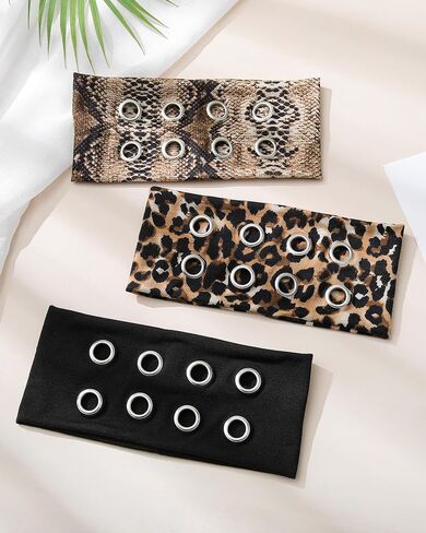 Mesovor 3 Pack Fashion Grommet Wide Headbands for Women, Hollow Out Eyelets Elastic Head Bands | Y2k Girls Punk Grunge Stretchy Hair Accessory (Black, Snakeskin, Leopard, 3.9" wide) in Kuwait