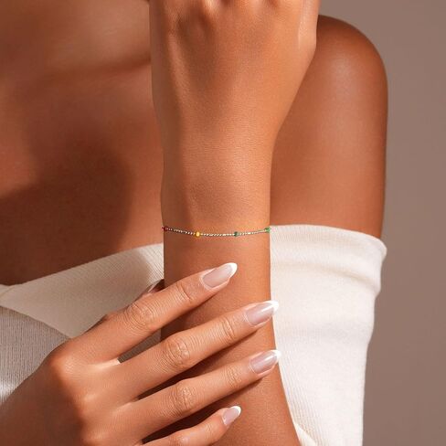 Dainty 14K Gold Plated Chain Boho Beaded Bracelet for Women S925 Sterling Silver Rainbow Bead Bohemian Bead Adjustable Chain Bracelets for Mom Daughter Birthday Jewellery Gifts in Kuwait