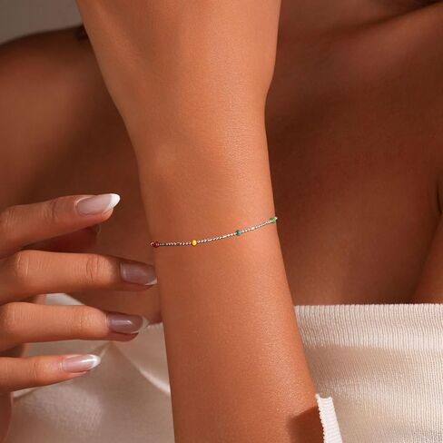 Dainty 14K Gold Plated Chain Boho Beaded Bracelet for Women S925 Sterling Silver Rainbow Bead Bohemian Bead Adjustable Chain Bracelets for Mom Daughter Birthday Jewellery Gifts in Kuwait
