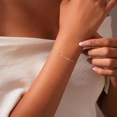 Dainty 14K Gold Plated Chain Boho Beaded Bracelet for Women S925 Sterling Silver Rainbow Bead Bohemian Bead Adjustable Chain Bracelets for Mom Daughter Birthday Jewellery Gifts in Kuwait