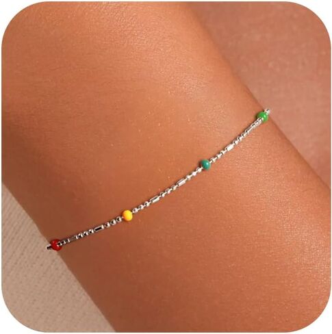 Dainty 14K Gold Plated Chain Boho Beaded Bracelet for Women S925 Sterling Silver Rainbow Bead Bohemian Bead Adjustable Chain Bracelets for Mom Daughter Birthday Jewellery Gifts in Kuwait