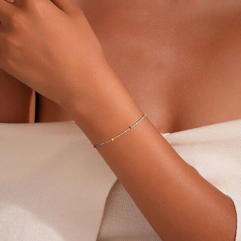 Dainty 14K Gold Plated Chain Boho Beaded Bracelet for Women S925 Sterling Silver Rainbow Bead Bohemian Bead Adjustable Chain Bracelets for Mom Daughter Birthday Jewellery Gifts in Kuwait