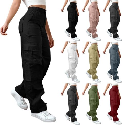 ABABC Cargo Pants Women Casual Wide Leg Cargo Pants Elastic High Waisted Button Down Workout Pant with Pockets in Saudi Arabia