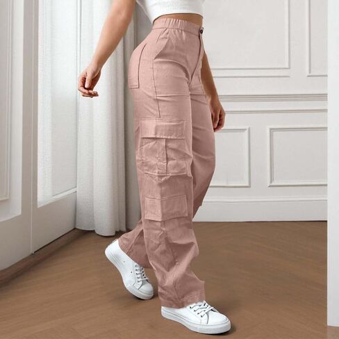 ABABC Cargo Pants Women Casual Wide Leg Cargo Pants Elastic High Waisted Button Down Workout Pant with Pockets in Saudi Arabia