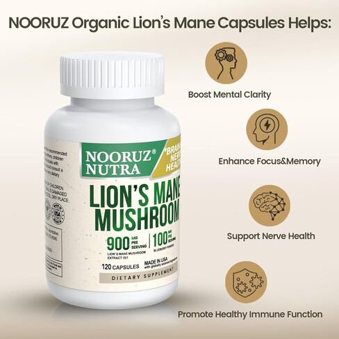 كبسولة ماني الأسد العضوي: 10: 1 تركيز يساوي 10000 ملغ من الفطر ، معززة مع التوت من أجل الحيوية ، والوضوح العقلي ، والتركيز-60 كبسولات مصنع (بدون أقراص/مسحوق) in Kuwait