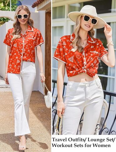 Ekouaer Women's Pajamas Set Silk Shirt and Shorts Button Down Pj Sets Two Piece Satin Lounge Sets with Pockets in Saudi Arabia