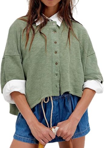 Womens Open Front Button Down Cardi Tee Drop Shoulder 3/4 Wide Sleeve Y2k Cute Going Out Shirts Streetwear Cardigan Tops in Saudi Arabia