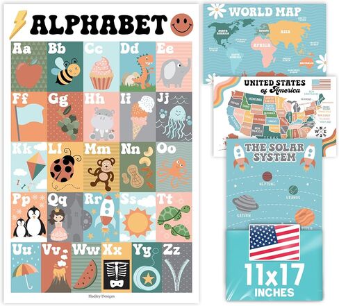 4 Retro Pre K Learning Posters For Toddlers 1-3 - ABC Poster For Toddlers Wall, Solar System Poster For Kids Maps, Preschool Classroom Map Of The World Poster, Kindergarten Homeschool Supplies… in Saudi Arabia