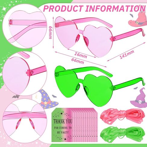Flutesan 24 أزواج Witch Party Heart Sunglasses Props لصالح النظارات الشمسية الوردي والأخضر مع شكر هدية بطاقة لصالح حفل عيد الميلاد إكسسوارات الزي in Saudi Arabia