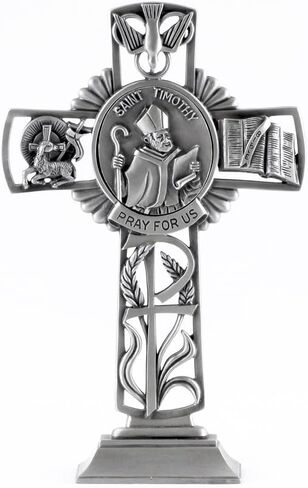 Pewter الكاثوليكي القديس سانت تيموثي يصلي من أجلنا الوقوف على الصليب ، 6 بوصات in Saudi Arabia