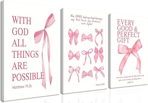 Pink Bow Canvas Wall Art Set من 3 ، لوحات زخارف زمنية زمالة زنفية ، وأصوات الكتاب المقدس الملهمة أقواس المطبوعات صور للفتيات غرفة النوم غرفة نوم 12x16 بوصة مؤطرة in Kuwait