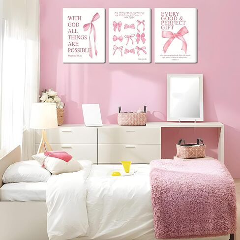 Pink Bow Canvas Wall Art Set من 3 ، لوحات زخارف زمنية زمالة زنفية ، وأصوات الكتاب المقدس الملهمة أقواس المطبوعات صور للفتيات غرفة النوم غرفة نوم 12x16 بوصة مؤطرة in Kuwait