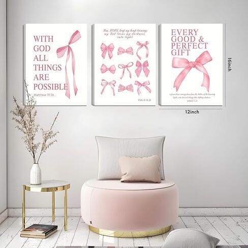 Pink Bow Canvas Wall Art Set من 3 ، لوحات زخارف زمنية زمالة زنفية ، وأصوات الكتاب المقدس الملهمة أقواس المطبوعات صور للفتيات غرفة النوم غرفة نوم 12x16 بوصة مؤطرة in Kuwait
