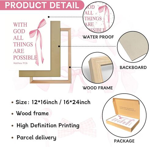 Pink Bow Canvas Wall Art Set من 3 ، لوحات زخارف زمنية زمالة زنفية ، وأصوات الكتاب المقدس الملهمة أقواس المطبوعات صور للفتيات غرفة النوم غرفة نوم 12x16 بوصة مؤطرة in Kuwait