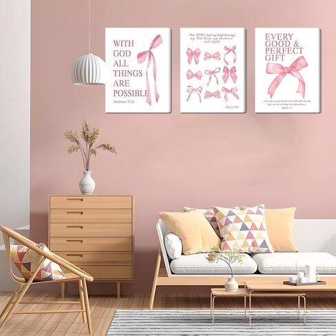 Pink Bow Canvas Wall Art Set من 3 ، لوحات زخارف زمنية زمالة زنفية ، وأصوات الكتاب المقدس الملهمة أقواس المطبوعات صور للفتيات غرفة النوم غرفة نوم 12x16 بوصة مؤطرة in Kuwait