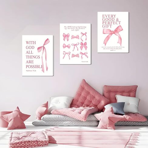 Pink Bow Canvas Wall Art Set من 3 ، لوحات زخارف زمنية زمالة زنفية ، وأصوات الكتاب المقدس الملهمة أقواس المطبوعات صور للفتيات غرفة النوم غرفة نوم 12x16 بوصة مؤطرة in Kuwait