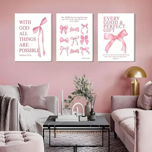 Pink Bow Canvas Wall Art Set من 3 ، لوحات زخارف زمنية زمالة زنفية ، وأصوات الكتاب المقدس الملهمة أقواس المطبوعات صور للفتيات غرفة النوم غرفة نوم 12x16 بوصة مؤطرة in Kuwait