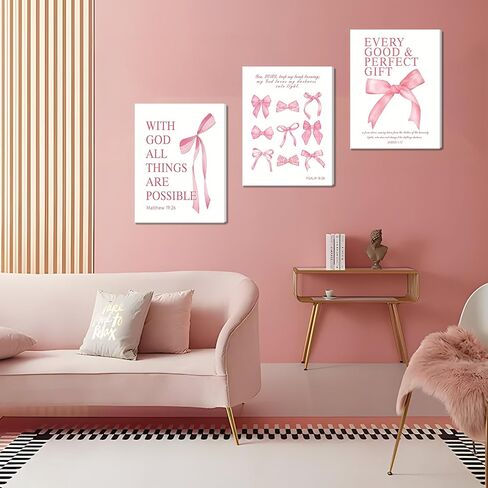 Pink Bow Canvas Wall Art Set من 3 ، لوحات زخارف زمنية زمالة زنفية ، وأصوات الكتاب المقدس الملهمة أقواس المطبوعات صور للفتيات غرفة النوم غرفة نوم 12x16 بوصة مؤطرة in Kuwait