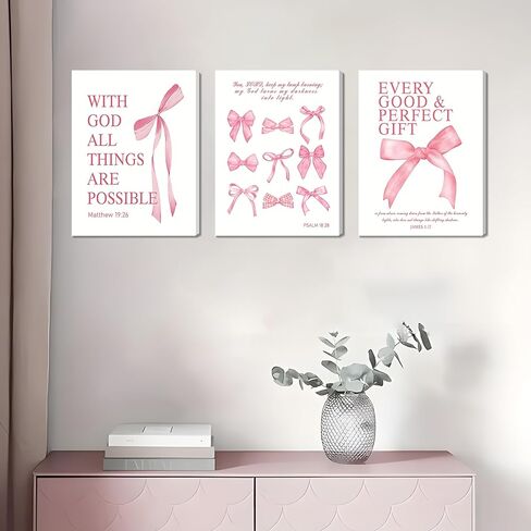 Pink Bow Canvas Wall Art Set من 3 ، لوحات زخارف زمنية زمالة زنفية ، وأصوات الكتاب المقدس الملهمة أقواس المطبوعات صور للفتيات غرفة النوم غرفة نوم 12x16 بوصة مؤطرة in Kuwait