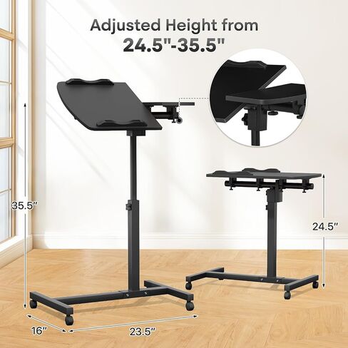 Athena Collection Height Adjustable Rolling Desk Mobile Portable Laptop Stand Cart Small Sit Standing Desk Computer Table Workstation for Home Office, White in Kuwait
