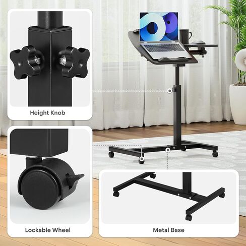 Athena Collection Height Adjustable Rolling Desk Mobile Portable Laptop Stand Cart Small Sit Standing Desk Computer Table Workstation for Home Office, White in Kuwait