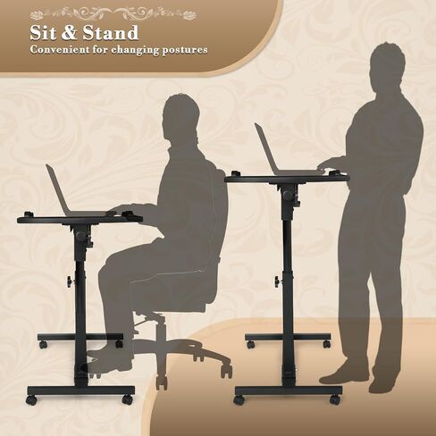 Athena Collection Height Adjustable Rolling Desk Mobile Portable Laptop Stand Cart Small Sit Standing Desk Computer Table Workstation for Home Office, White in Kuwait