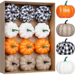 Super Holiday 12PCS Artificial Velvet Pumpkins Decor, 4 Colors Foam Faux Flocked Pumpkins Decoration for Fall Harvest Theme Party Wedding Halloween Thanksgiving Table Decor. in Kuwait