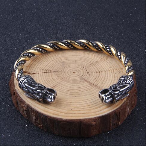 Fenrir Wolf Head الإسورة سوار قابل للتعديل، حلقة ذراع الفايكنج، 316L الفولاذ المقاوم للصدأ سوار نورس الاسكندنافي، سوار الشمال مع صندوق خشبي، سوار معصم معدني هدية للرجال in Kuwait